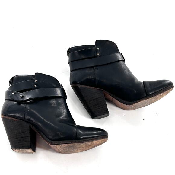 Rag & Bone Harrow Ankle Booties 6 36 Black Leather Boot Western Boho Moto Buckle - Picture 2 of 9